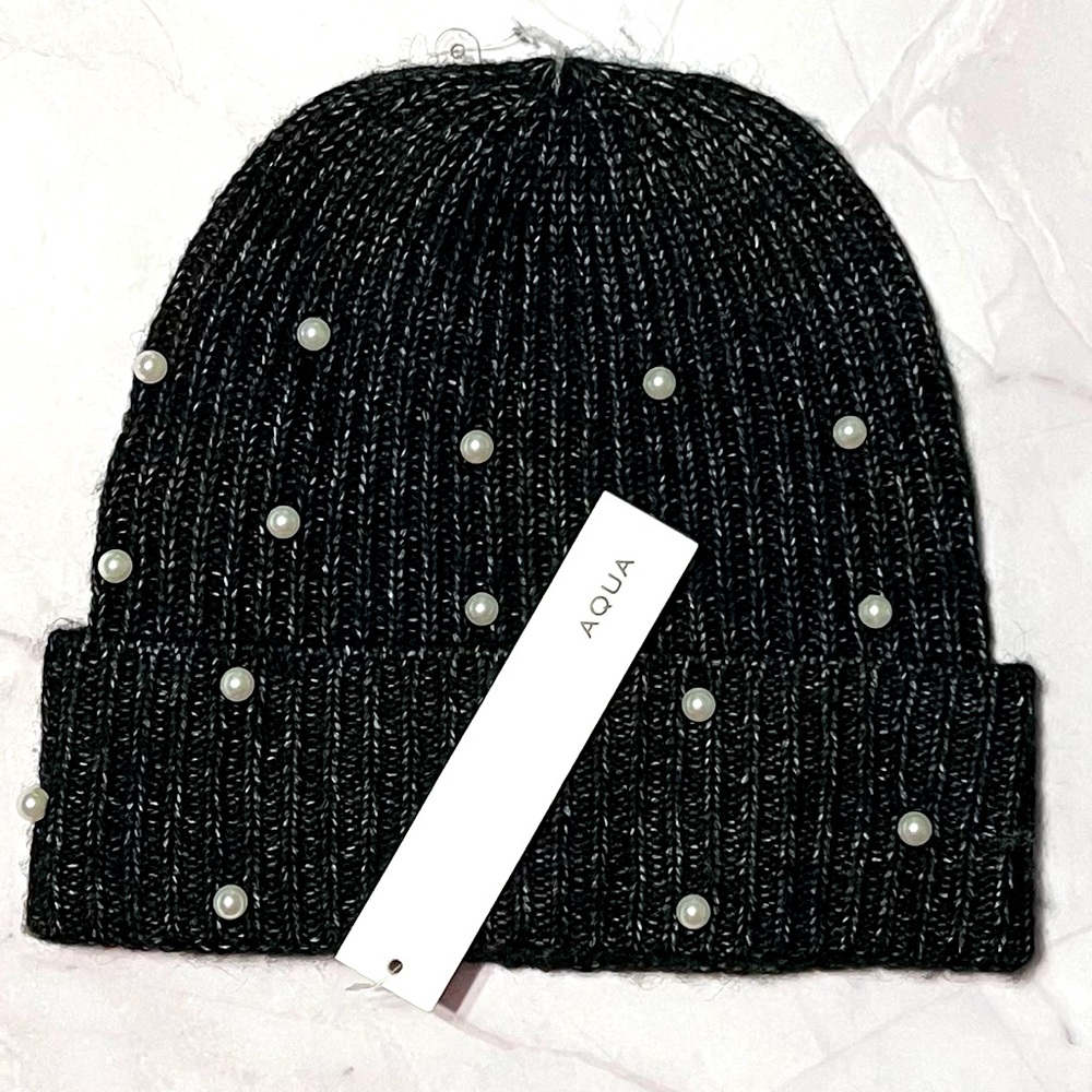 Black Faux Pearl Embellished Beanie by Aqua
